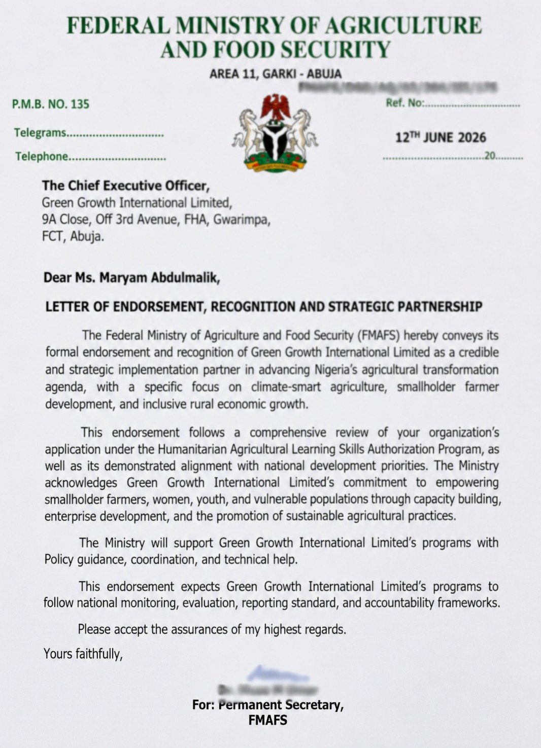 Letter of Endorsement from the Federal Ministry of Agriculture and Food Security